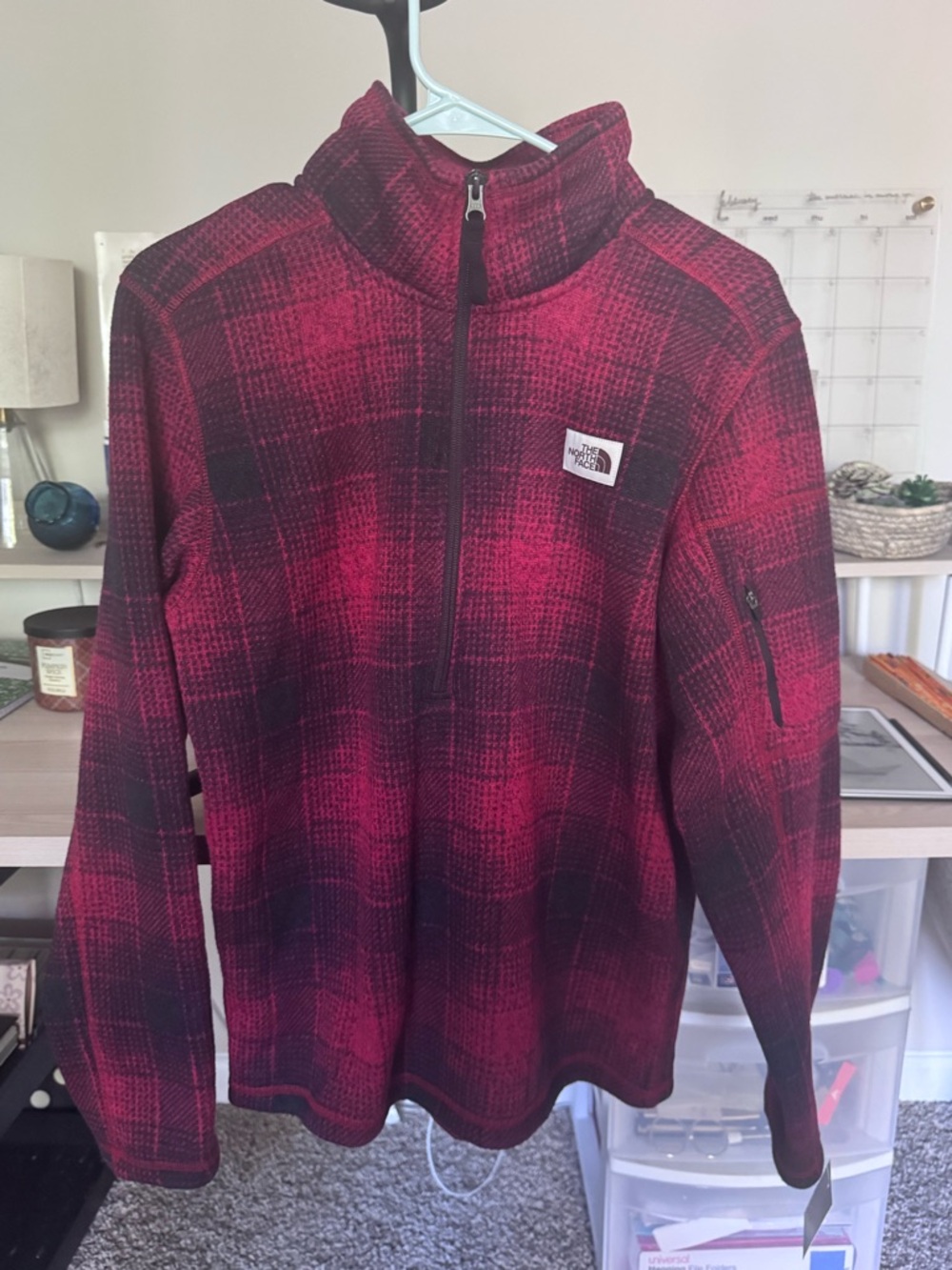 The North Face Maroon and Black Plaid Fleece Pullover